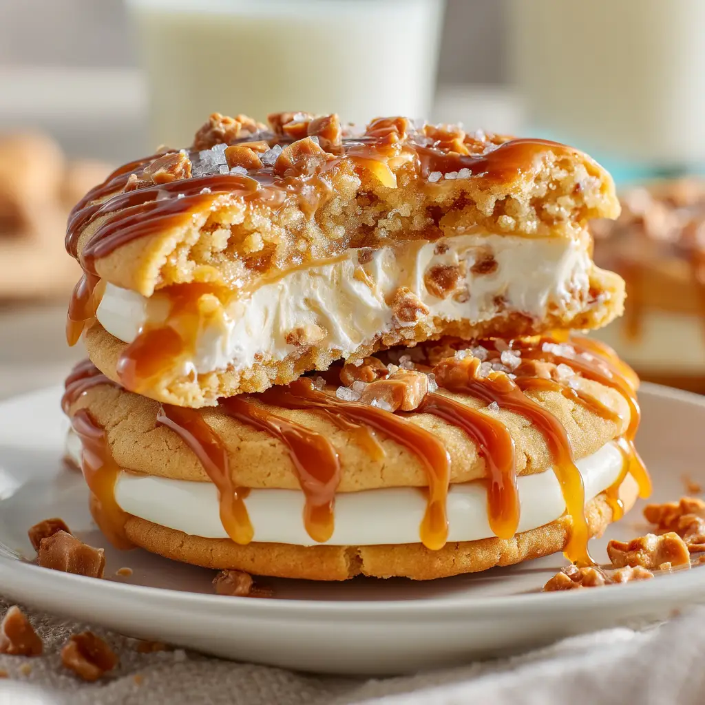 A baked caramel cheesecake cookie split in half, revealing the warm and creamy cheesecake filling inside.