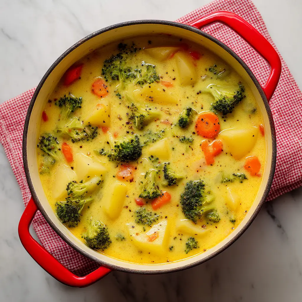 A step-by-step image showing ingredients for broccoli cheddar soup, including potatoes, broccoli, and a block of cheddar cheese ready to be grated.