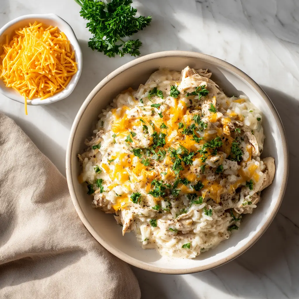 A serving of cheesy chicken and rice casserole in a white bowl, ready to be eaten. A simple and comforting weeknight meal.