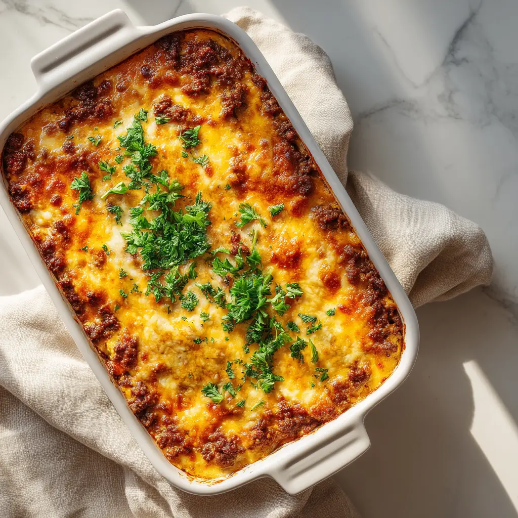 A close-up shot of a serving of cheesy keto ground beef and cauliflower casserole on a plate.