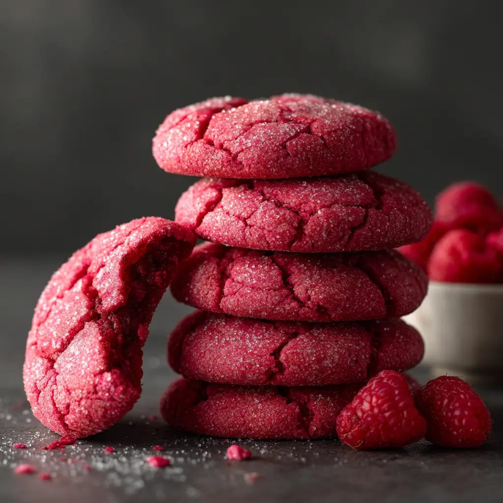 A close-up view of a chewy raspberry sugar cookie broken in half to show the soft, moist interior. This highlights the perfect cookie texture.