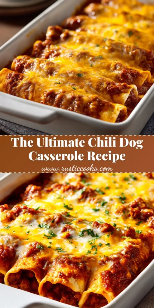 A delicious and easy Chili Dog Casserole in a white baking dish, topped with golden-brown crescent dough and melted cheddar cheese.
