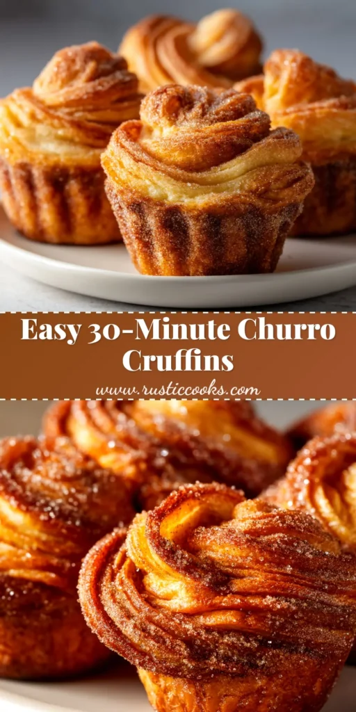 A tall pin image showing a stack of delicious homemade Churro Cruffins coated in cinnamon sugar, with text overlay for Pinterest.