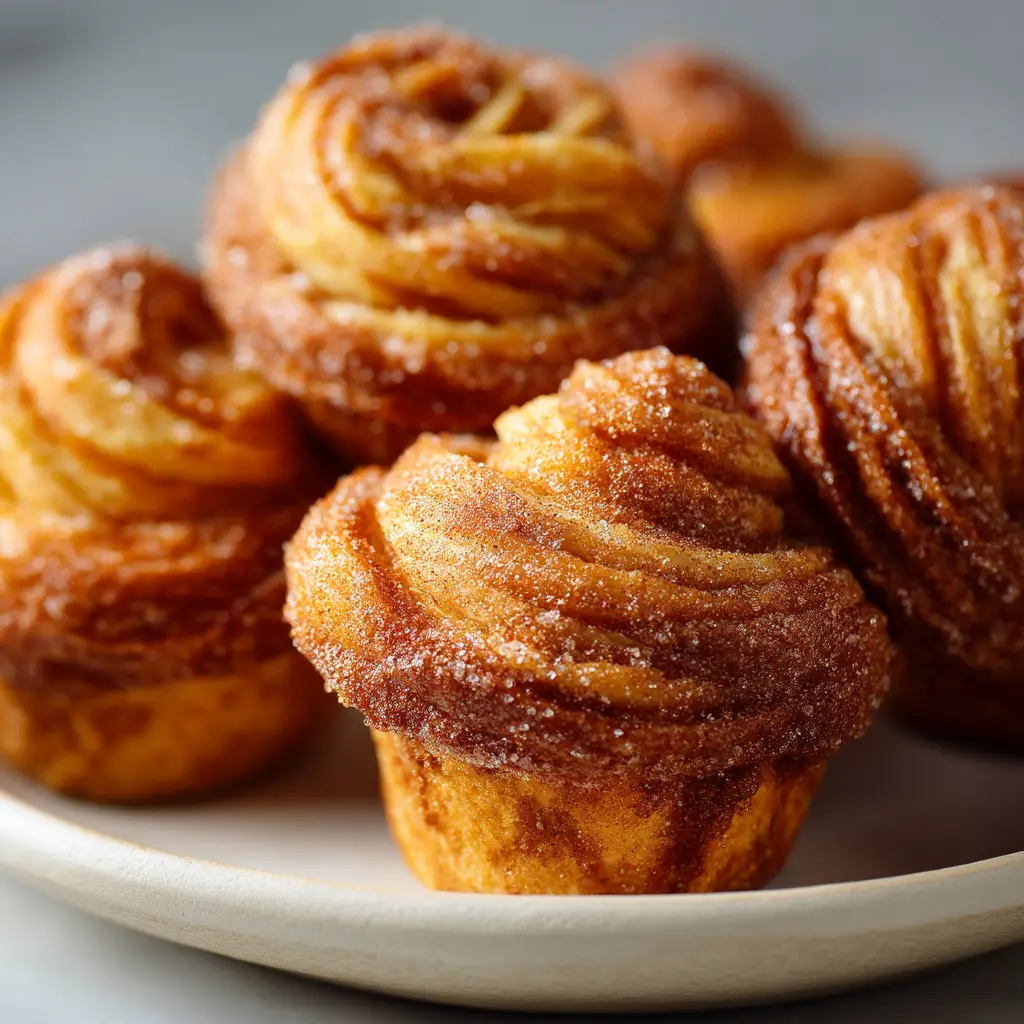 A batch of cinnamon sugar cruffins cooling on a wire rack, with one broken open to reveal the soft, airy interior.
