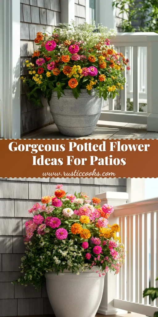 An overhead view of a beautiful container gardening setup, with various plants like herbs and flowers growing in stylish pots on a patio. The image showcases a successful small-space garden.