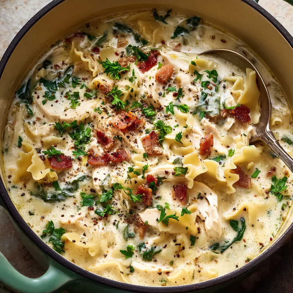 A close-up shot of the white lasagna soup simmering in a pot, showing the broken lasagna noodles and creamy broth.