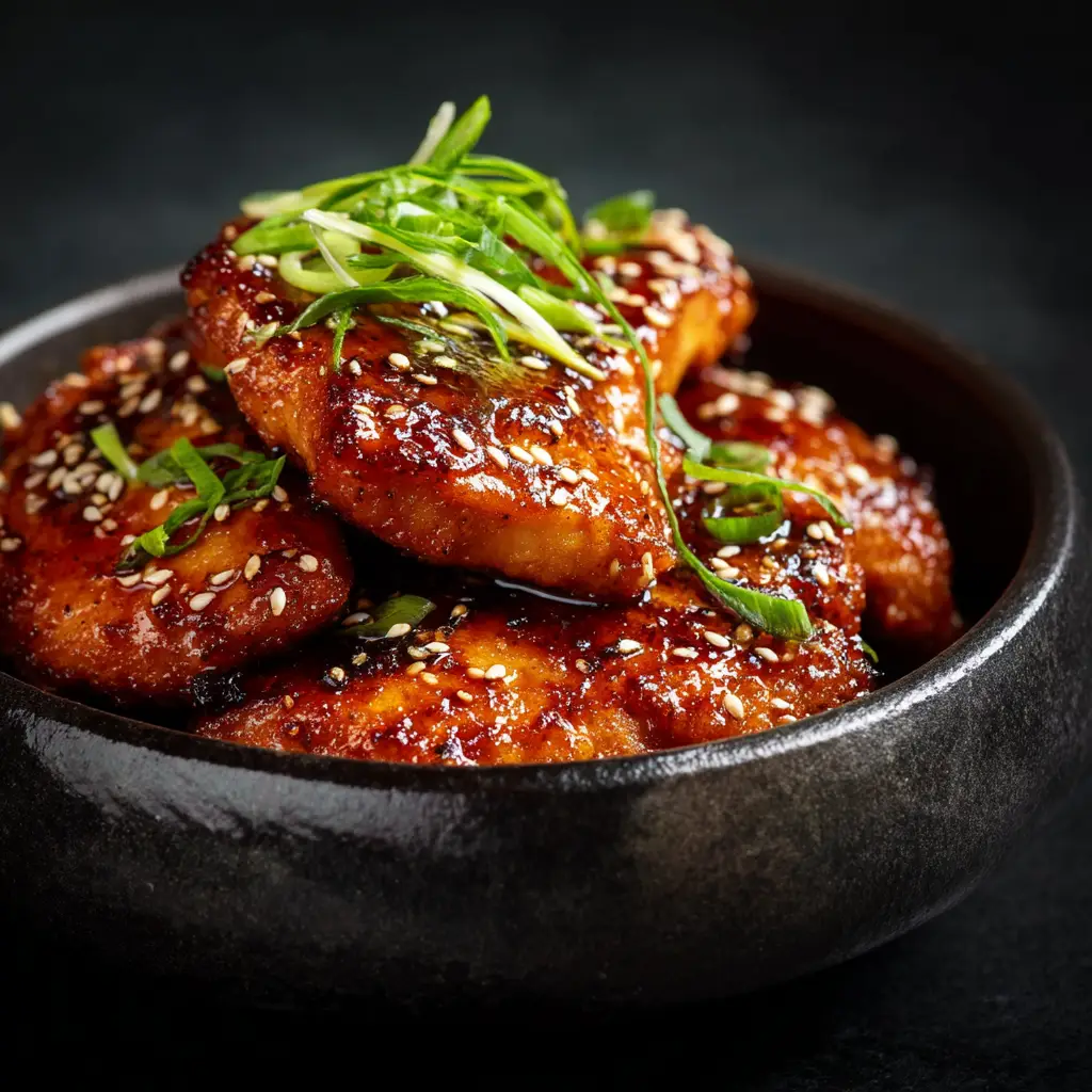 A pan-seared Korean style chicken breast sizzling in a skillet, coated with a thick, bubbling gochujang sauce before being served.