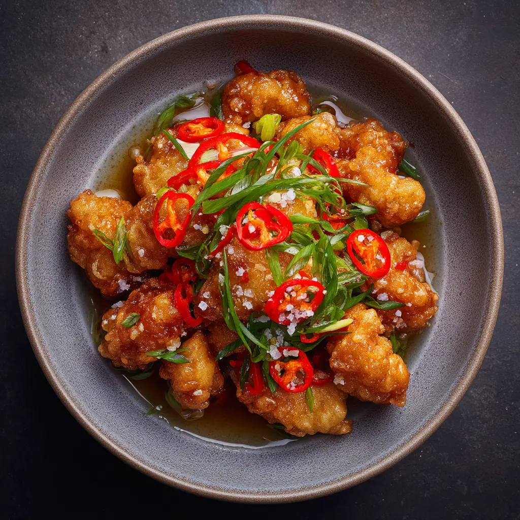 A close-up action shot showing the crispy coated chicken pieces being tossed in a wok with fresh aromatics for the salt and pepper chicken recipe.