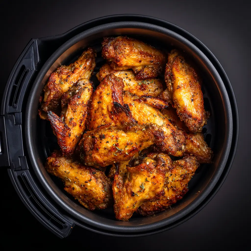 A batch of golden-brown chicken wings being flipped halfway through cooking in an air fryer.
