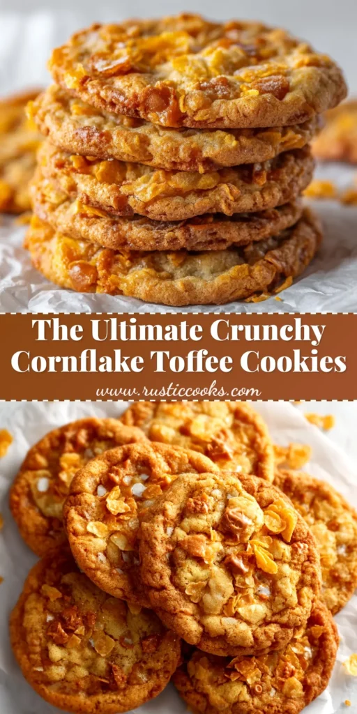 A platter of delicious, golden-brown Cornflake Toffee Cookies, showcasing their crunchy texture and rich toffee coating. Perfect for a shareable pin.