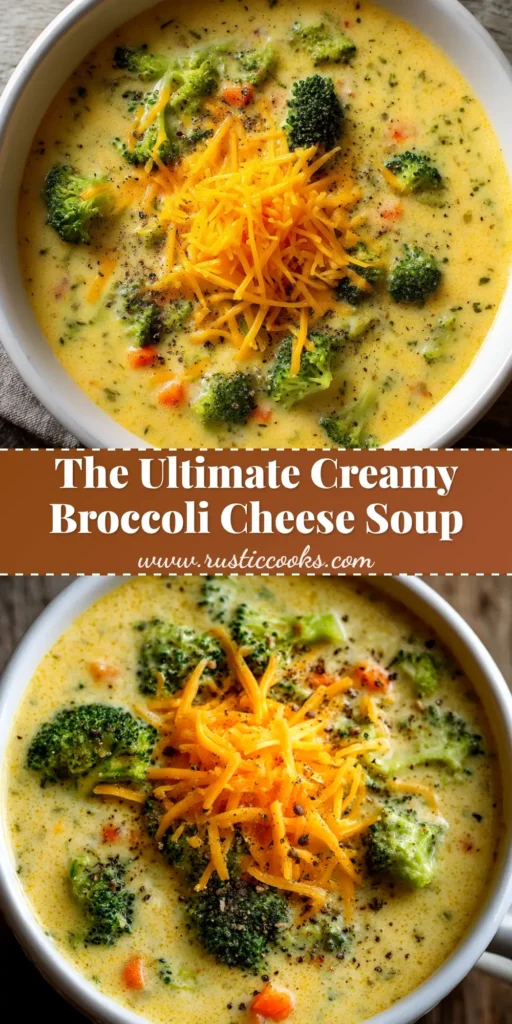 A large white bowl filled with creamy broccoli cheese soup, garnished with extra shredded cheddar and broccoli florets. The perfect homemade soup.