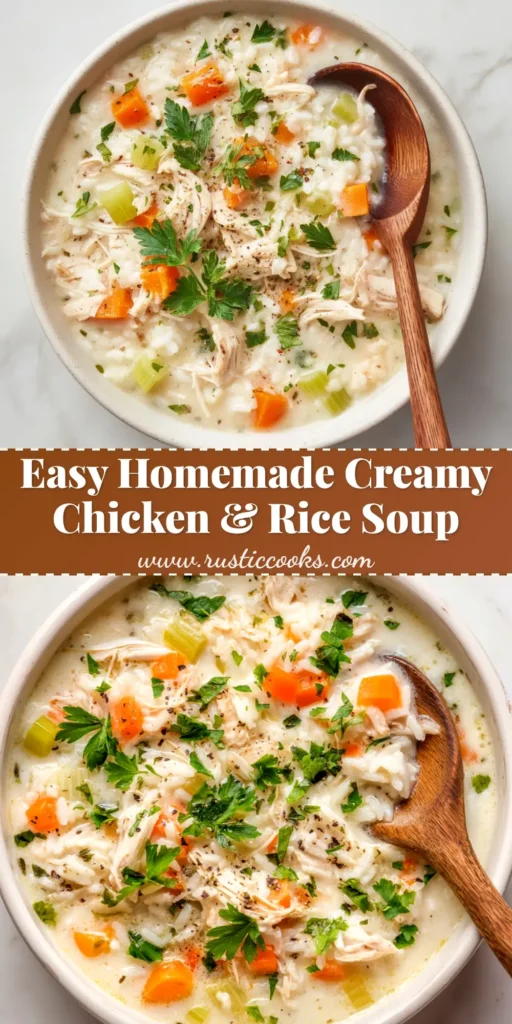 A cozy bowl of creamy chicken and rice soup, garnished with fresh parsley. The perfect one-pot comfort food meal.