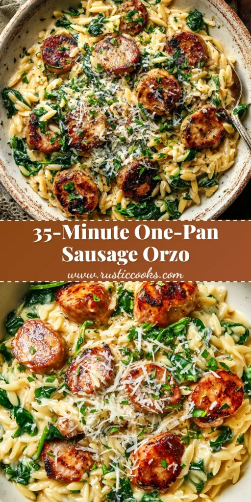 A large skillet filled with creamy chicken sausage orzo, topped with fresh basil. This one-pan recipe is a perfect easy weeknight dinner.