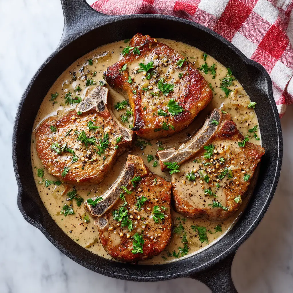 A serving of Creamy Garlic Pork Chops on a plate, with the sauce spooned over the top and garnished with fresh herbs. The perfect weeknight dinner.