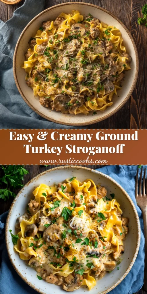 A large white bowl filled with creamy ground turkey stroganoff served over egg noodles, garnished with fresh parsley. The perfect quick and healthy weeknight dinner.
