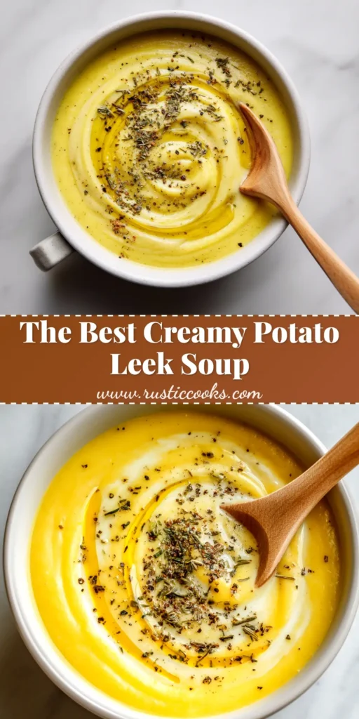 A beautiful bowl of creamy potato leek soup recipe, garnished with fresh chives and black pepper, with a spoon resting on the side.