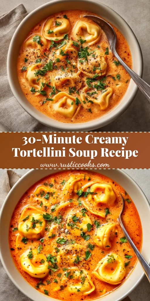 A large white bowl filled with Creamy Tortellini Soup, garnished with fresh parmesan and basil. The soup is rich and orange-hued, with visible tortellini, sausage, and spinach.
