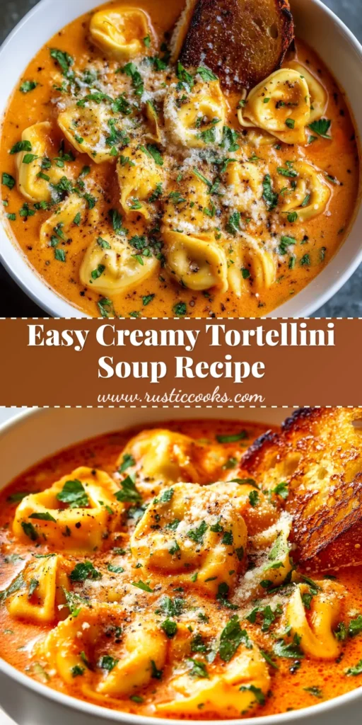 A beautiful overhead shot of a bowl of creamy tortellini soup, garnished with fresh basil. The perfect pin to save for a cozy dinner idea.