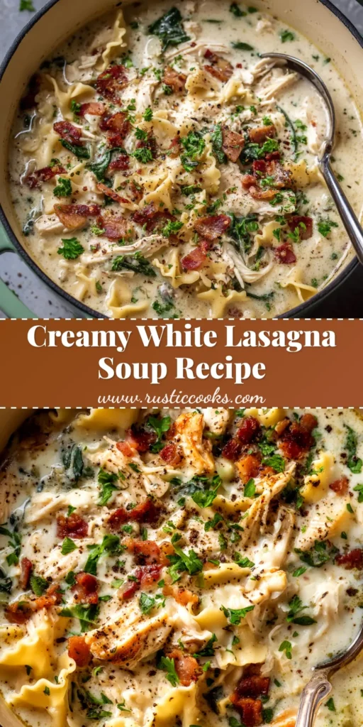 A large bowl of creamy white lasagna soup, topped with fresh parsley and parmesan cheese, ready to be shared. A spoon rests in the bowl.