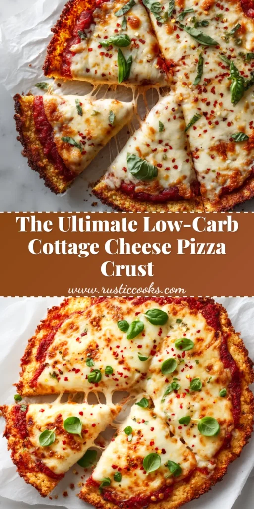 A beautiful overhead shot of a finished cottage cheese pizza crust topped with fresh mozzarella, basil, and pepperoni, with one slice being lifted to show the sturdy, crispy texture.