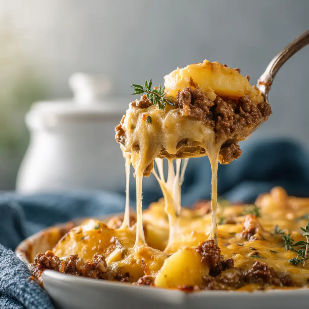 A detailed view of the crock pot hamburger potato casserole, emphasizing the melted cheese and hearty ingredients.