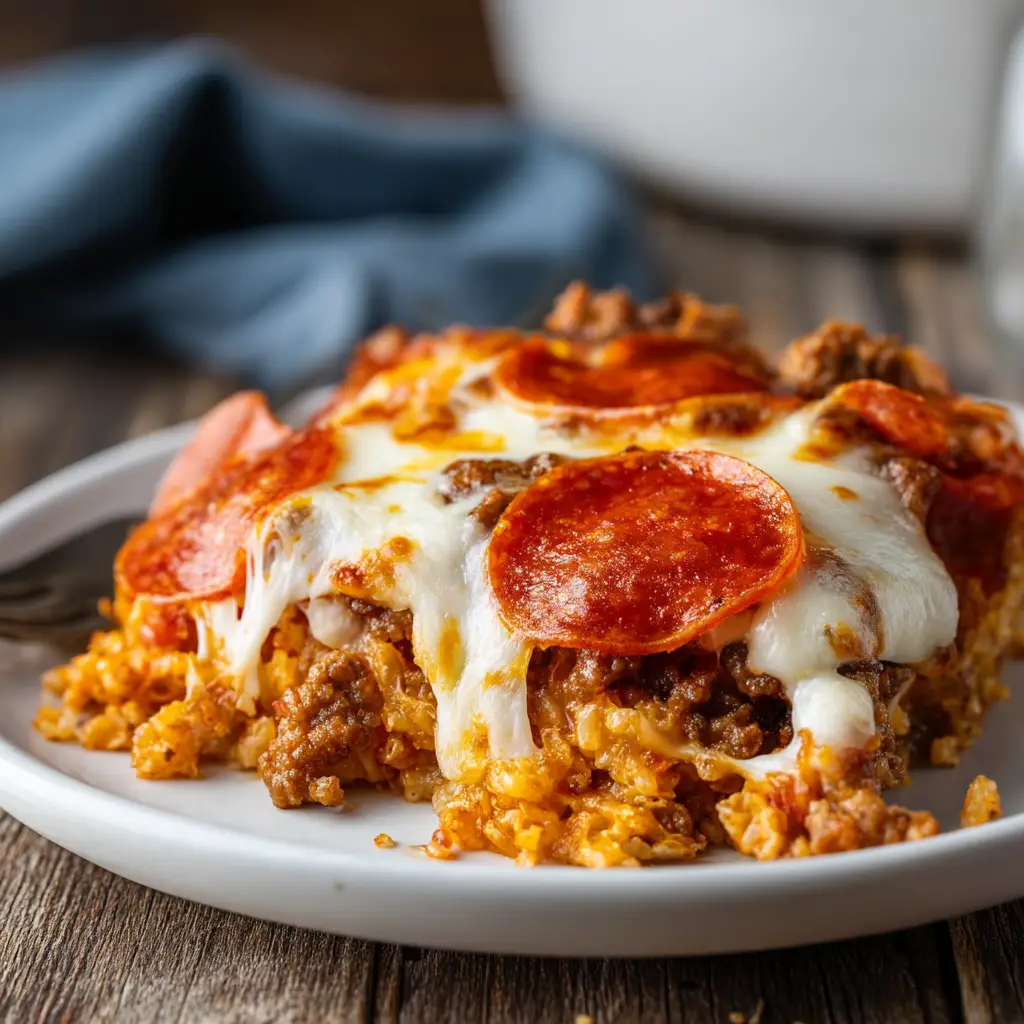 Another delicious close-up of the crustless pizza casserole keto bake, showcasing the melted mozzarella and pepperoni.
