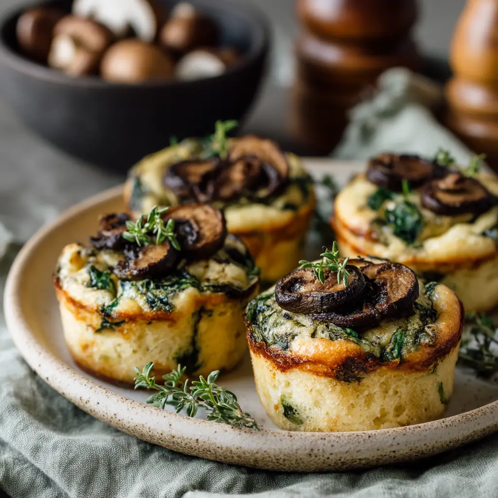 A close-up shot of four crustless mini quiche muffins filled with spinach and mushroom, showcasing their golden-brown tops and fluffy texture.