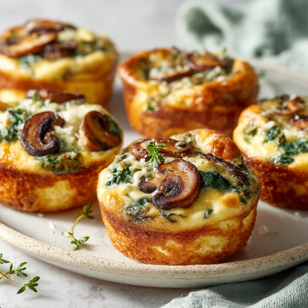 Several golden-brown crustless spinach quiche muffins displayed on a cooling rack, showcasing their fluffy texture.