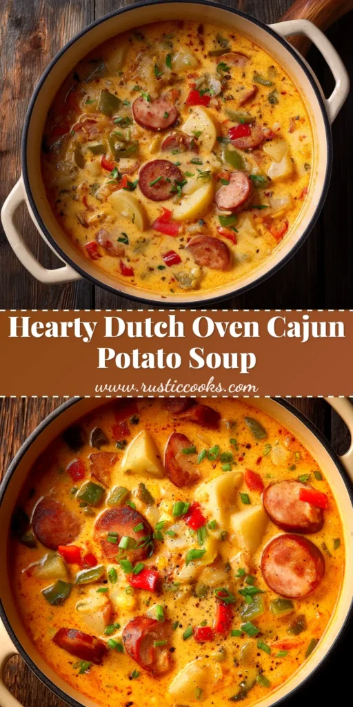 A bowl of creamy Dutch Oven Cajun Potato Soup garnished with fresh parsley, with a spoon resting inside. The soup is thick and features pieces of andouille sausage and potatoes.