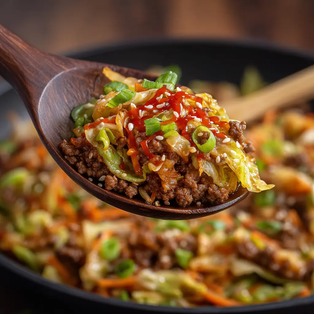 A spoonful of the easy beef and cabbage stir fry being lifted from a bowl, ready to eat. This showcases the simple ingredients and delicious sauce.