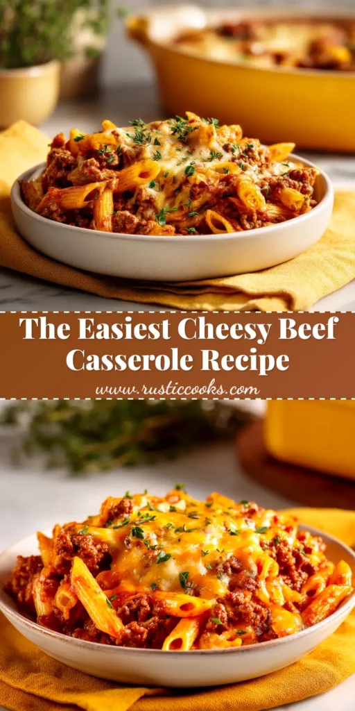 A delicious and cheesy Ground Beef Casserole in a white baking dish, ready to be pinned. A perfect weeknight dinner idea.