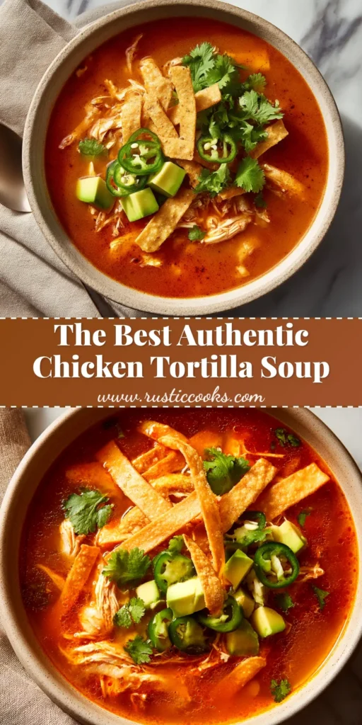 A vibrant bowl of easy chicken tortilla soup, garnished with crispy tortilla strips, fresh avocado slices, cilantro, and a lime wedge on the side.