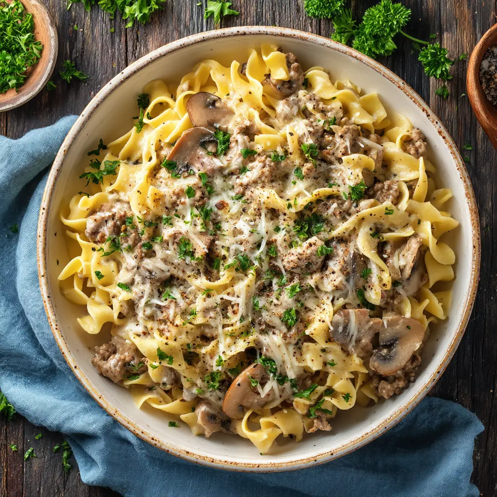A spoonful of easy ground turkey stroganoff being lifted from a bowl, highlighting the tender ground turkey and mushrooms coated in sauce.