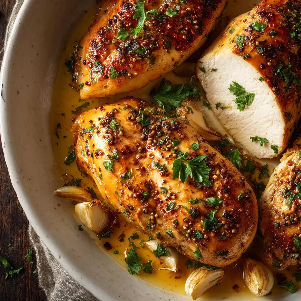 A whole baked boneless chicken breast garnished with fresh parsley, highlighting the golden-brown seasoned crust.