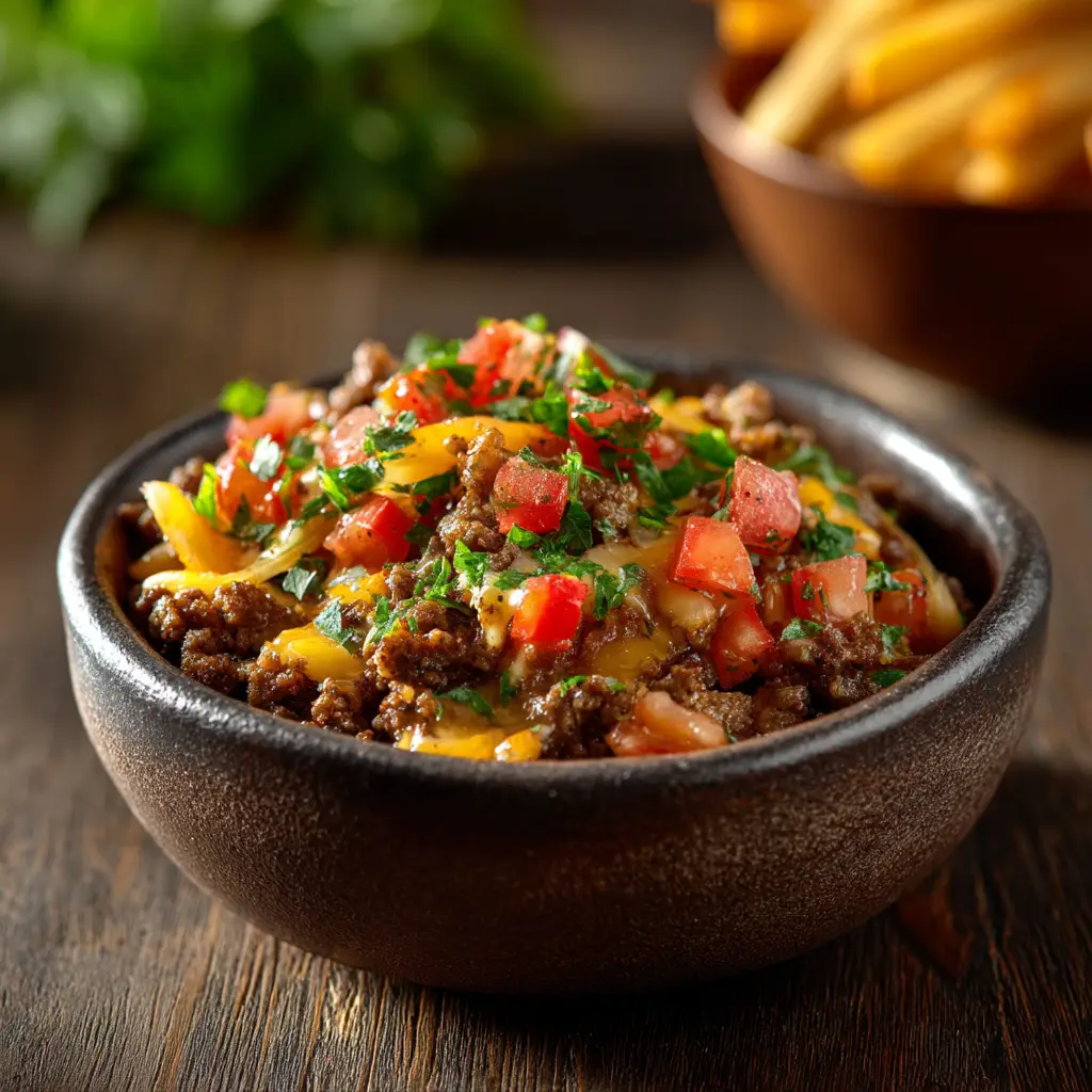 A fully assembled high-protein cheeseburger bowl drizzled with a creamy special sauce, ready to be eaten.