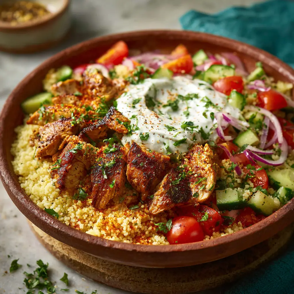 A beautiful, fully assembled Moroccan Chicken Couscous Bowl in a rustic ceramic dish, ready to eat. The dish is garnished with fresh herbs and toasted nuts, illustrating the final step of the spicy chicken couscous recipe.