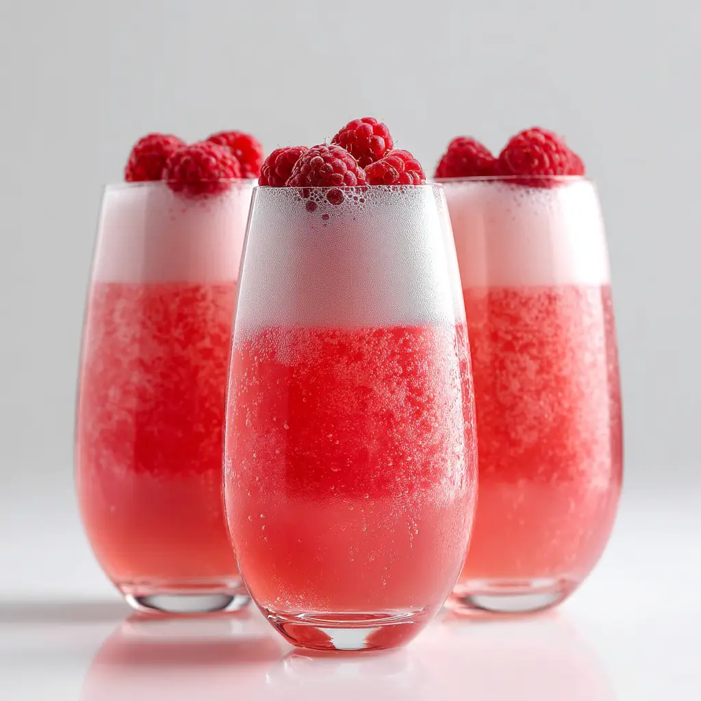 A close-up of a finished Raspberry Sherbet Champagne Float, showing the creamy foam and bubbles, garnished with fresh raspberries.