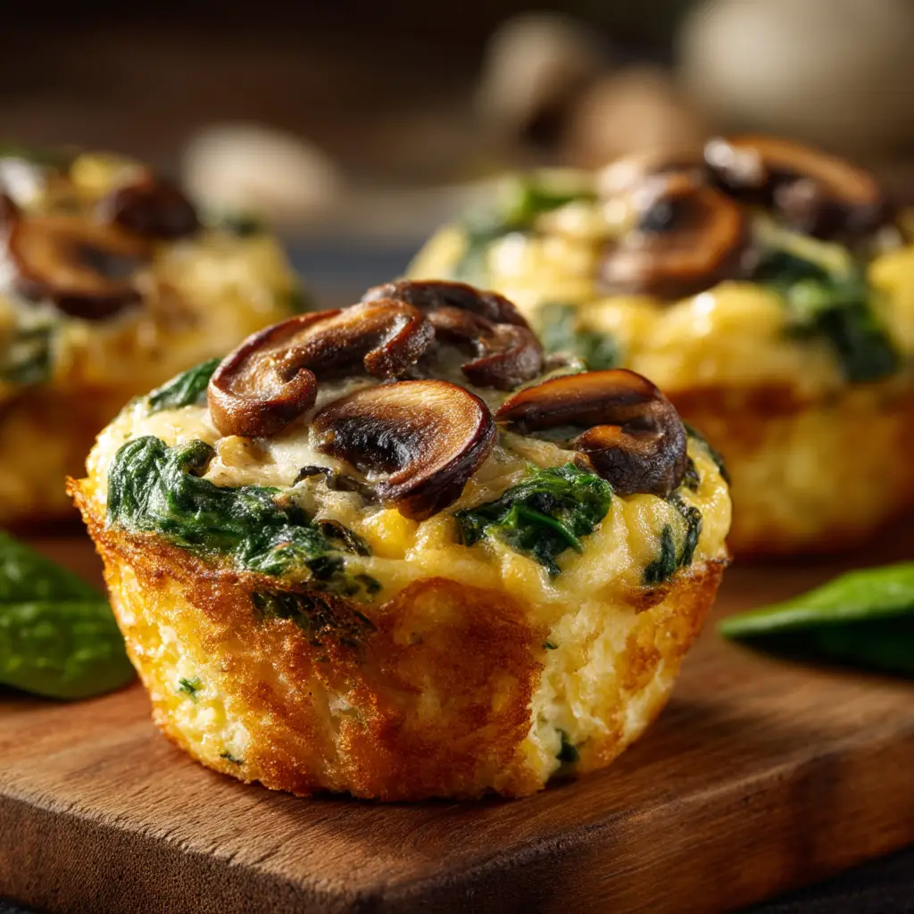 A close-up of a single spinach and mushroom quiche muffin, showing the fluffy egg texture and savory filling.