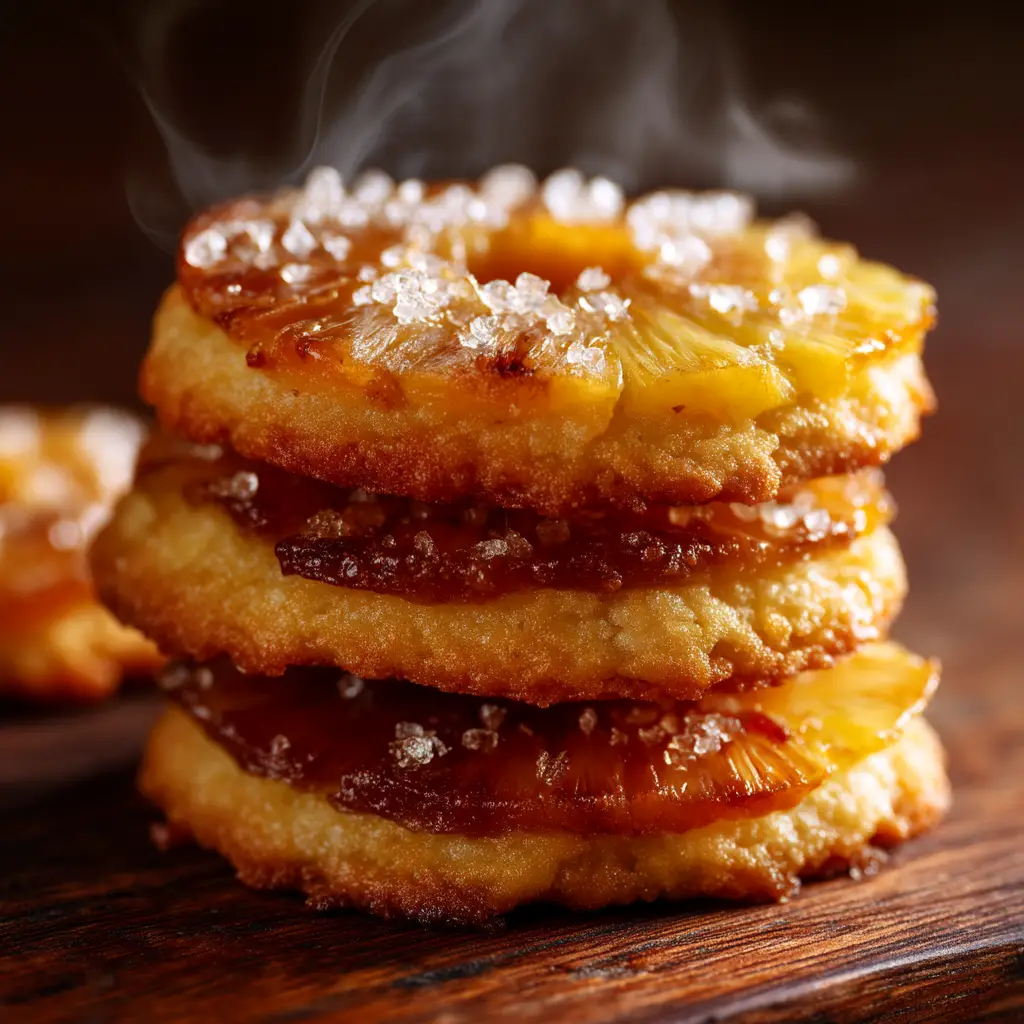 An overhead view of freshly baked pineapple upside down cookies cooling on a wire rack, ready to be served.