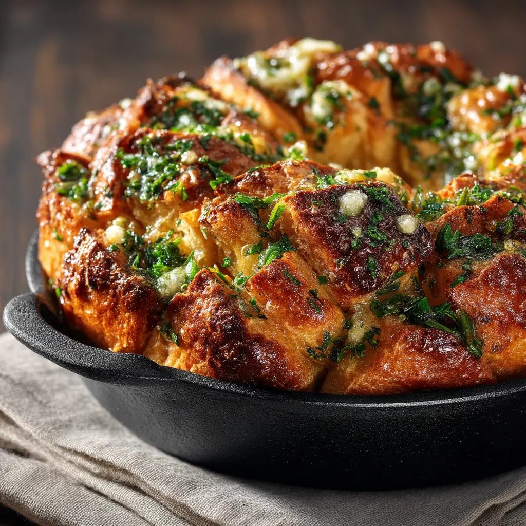 The soft, airy interior crumb of the sliced garlic herb bread, showing flecks of herbs throughout the loaf.