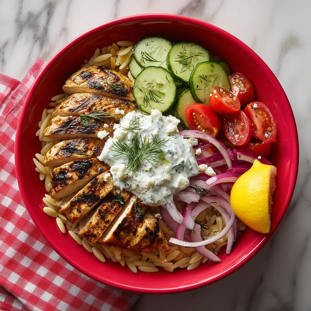 A beautiful arrangement of the components for the Greek chicken bowls, including the cooked chicken, rice, and various fresh toppings.