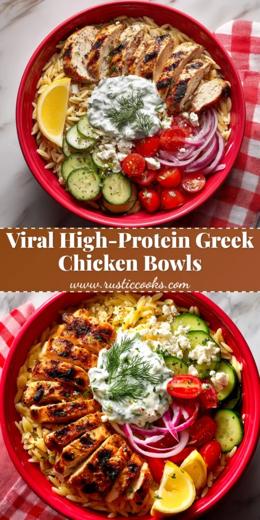 An overhead shot of vibrant Greek chicken bowls, with perfectly grilled chicken, fresh tomatoes, cucumbers, olives, and a dollop of creamy tzatziki sauce.