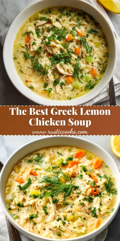 A beautiful bowl of authentic Greek Lemon Chicken Soup (Avgolemono), garnished with fresh dill. A perfect, easy, and creamy soup recipe.