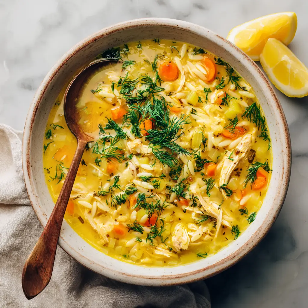 A close-up shot of the ingredients for Greek Lemon Chicken Soup, including fresh lemons, eggs, and orzo.