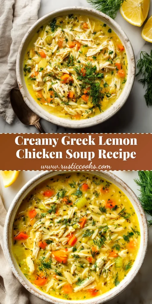 A comforting bowl of Greek Lemon Chicken Soup (Avgolemono) with a side of fresh dill and lemon slices. A perfect easy and healthy dinner recipe.
