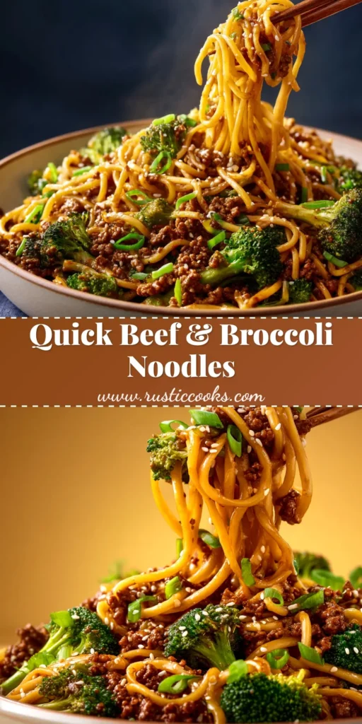 A close-up shot of a white bowl filled with delicious Ground Beef and Broccoli Noodles, garnished with sesame seeds.