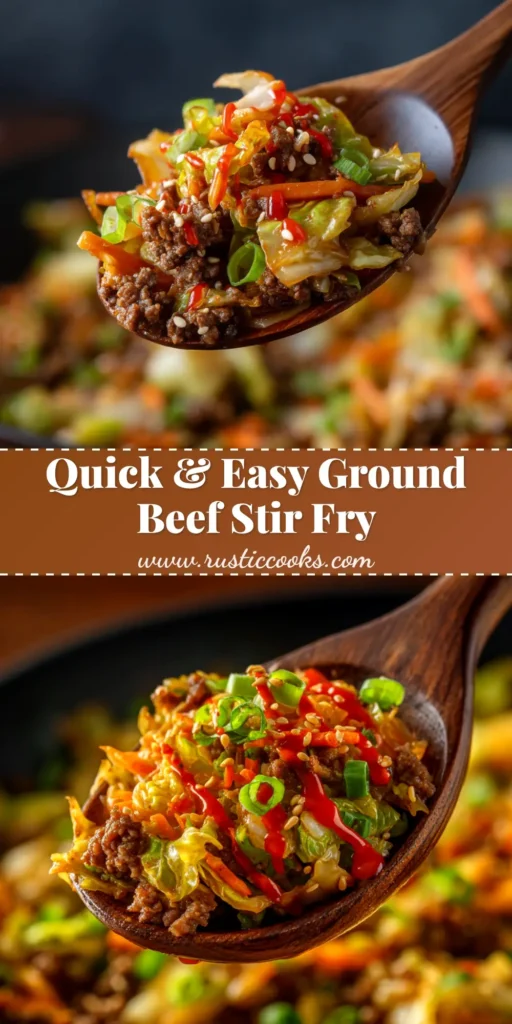 A top-down view of a skillet filled with Ground Beef and Cabbage Stir Fry, garnished with fresh green onions. The perfect easy weeknight dinner idea.