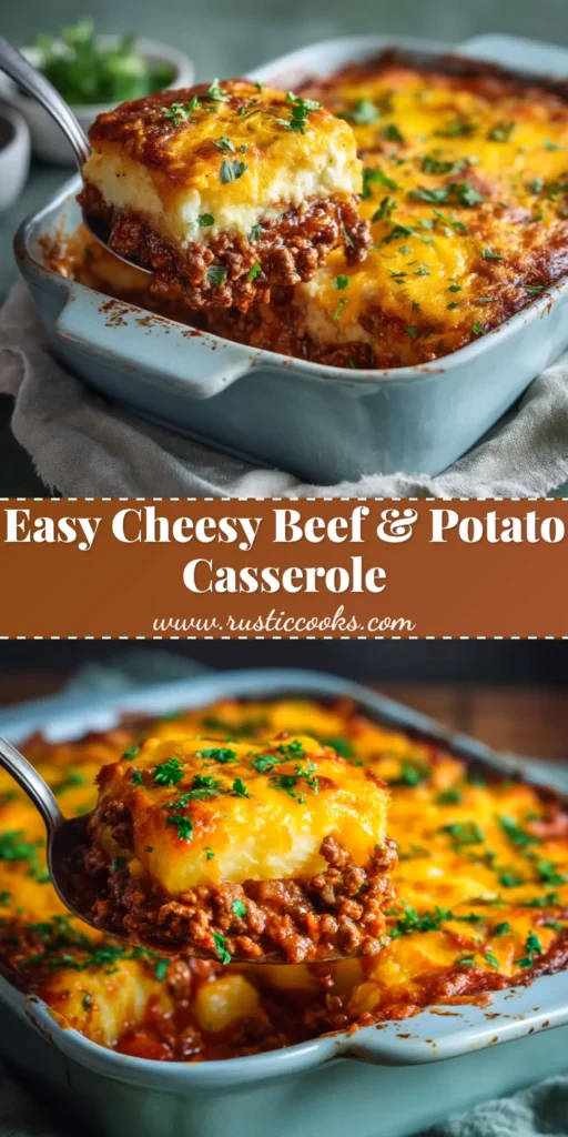 A delicious and hearty Ground Beef and Potato Casserole in a white baking dish, ready to be served. A perfect family dinner recipe.