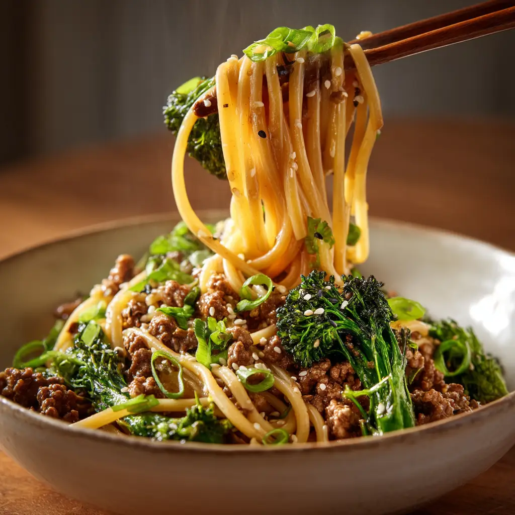 An overhead shot of a serving of ground beef noodle stir fry, highlighting the crisp broccoli and rich sauce.