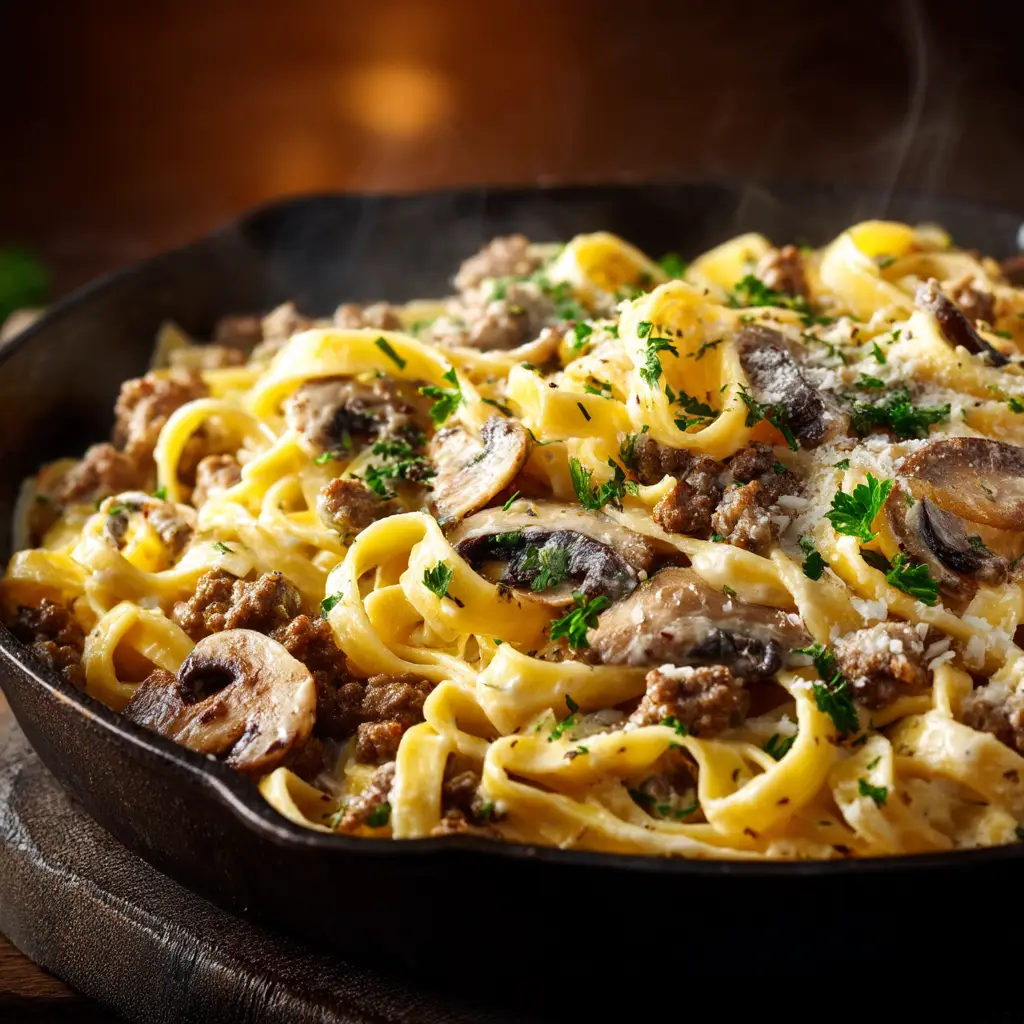 A fork twirling a bite of the ground beef pasta alfredo, lifting it from the bowl to showcase the rich sauce and tender noodles.